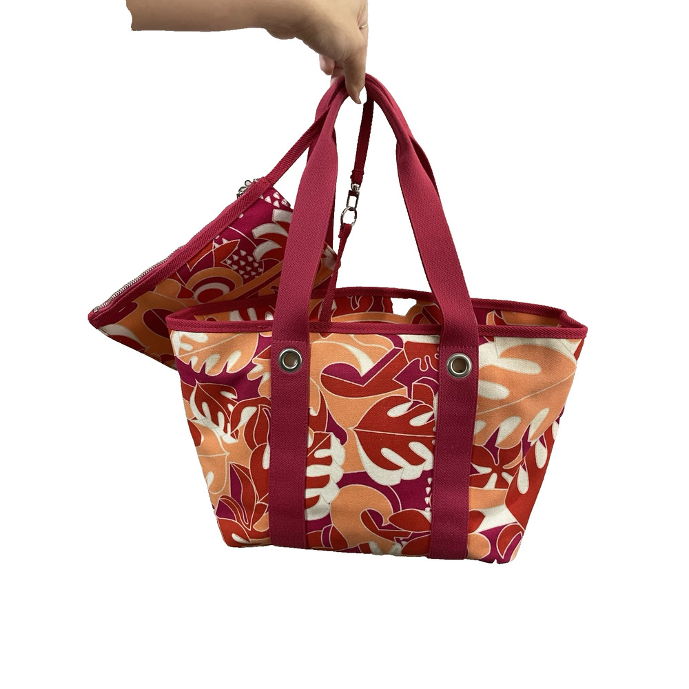 Lacoste Canvas Beach Tote Bag Tropical Pink Orange Shopper w/ Zip Pouch - Picture 14 of 14